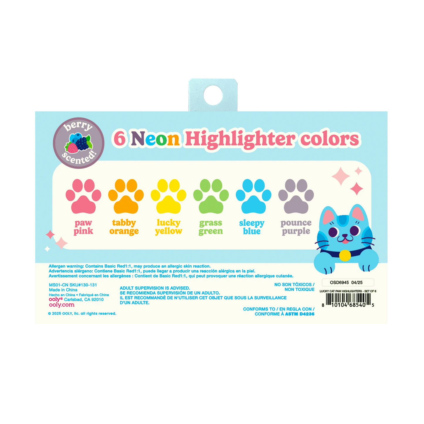 Lucky Cat Paw Scented Neon Highlighters - Set of 6